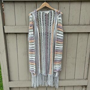 Poll Open Knit Spring Long Open Front Cardigan Bohemian Spring Fringe Hippie L